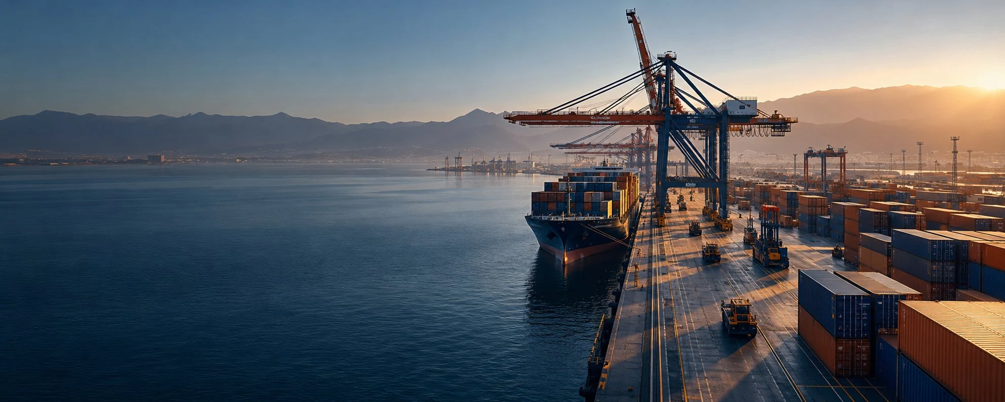 Vista ilustrativa de un terminal portuario con contenedores y grúas al atardecer